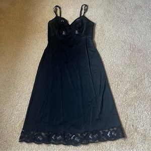 Vintage‎ 60s Black Full Slip Dress Small Nylon USA Lace Edge & Front Hearts